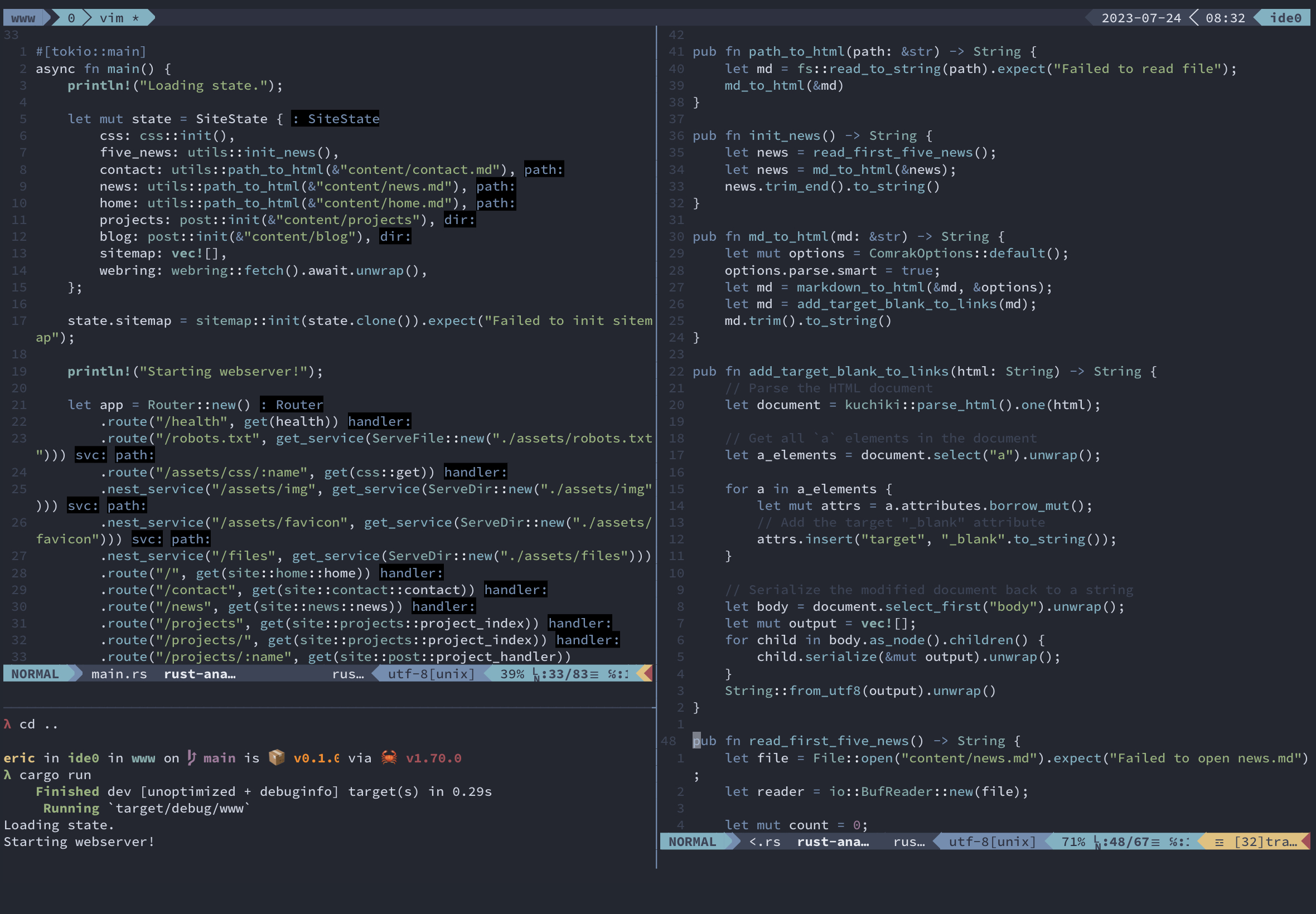 Screenshot of the source code of this website opened with neovim and tmux on an iPad