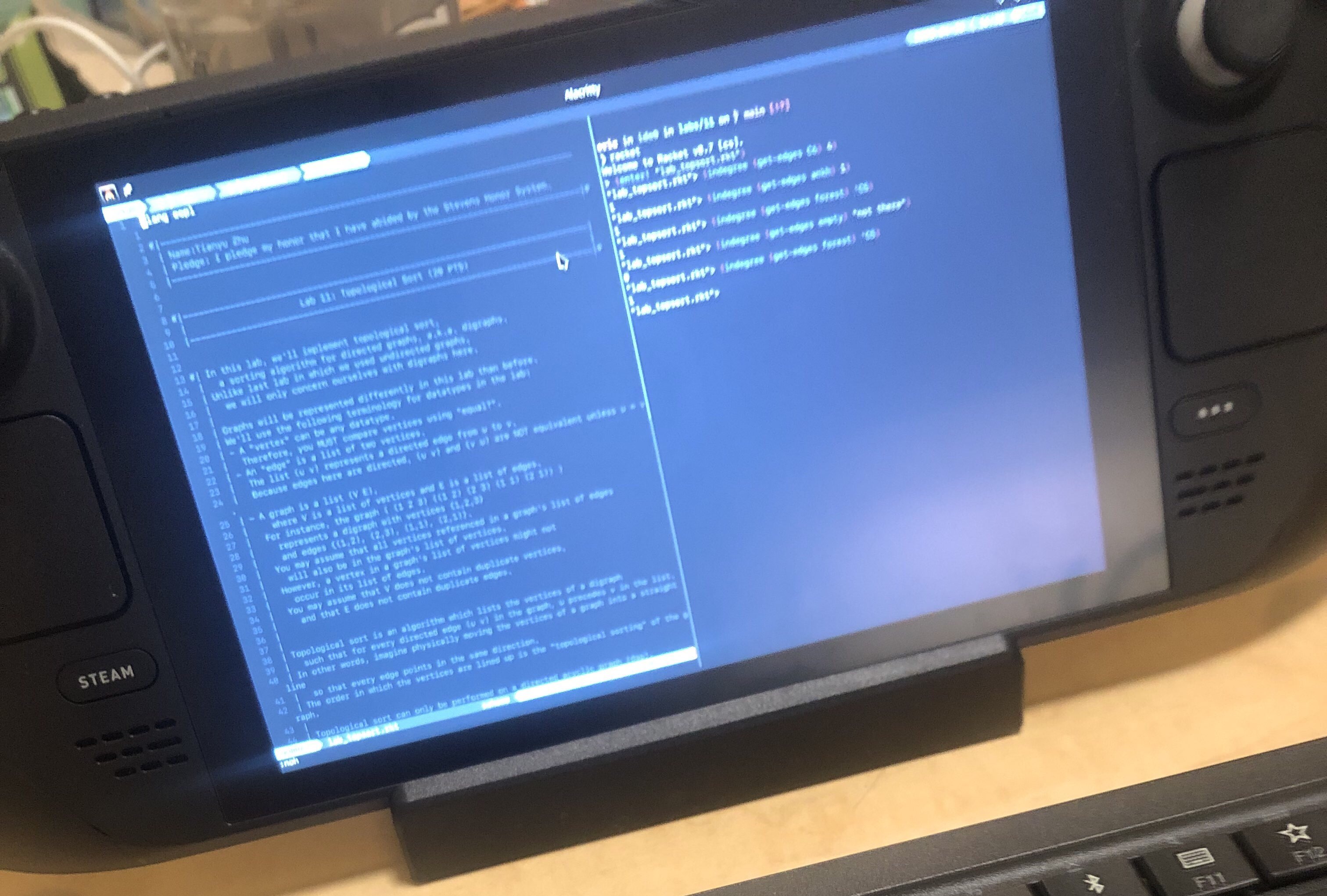 A picture of a Steam Deck with neovim opened on a racket file