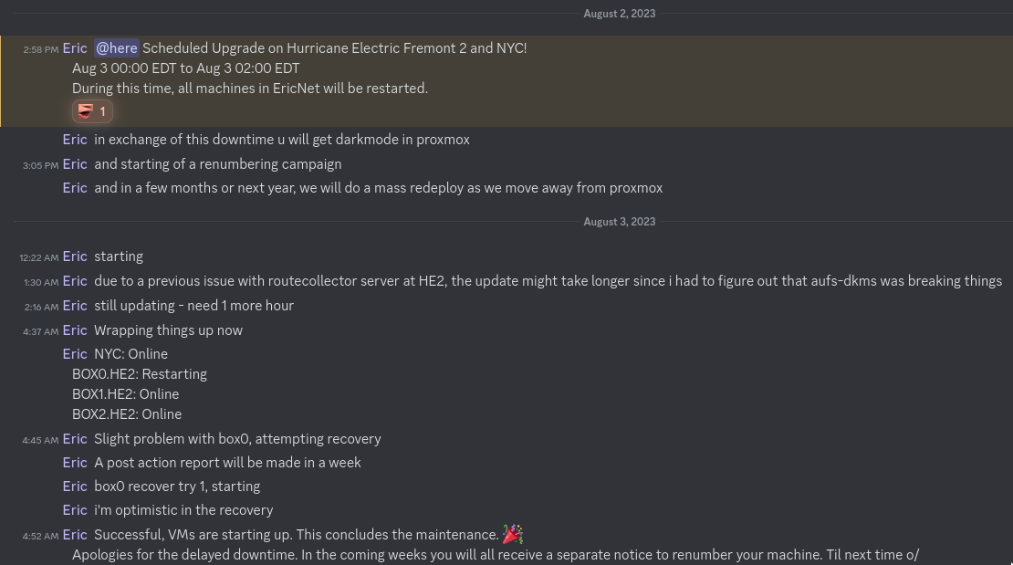 screenshot of me notifying my users the status of this server upgrade