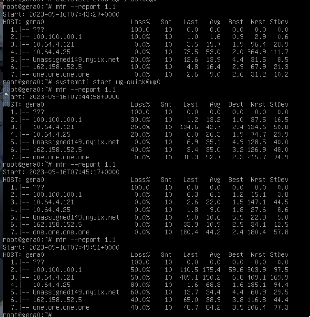 screenshot of a screen showing good latency while wireguard is off, but up to 200ms when it’s back on