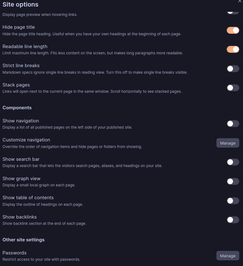 A screenshot of the obsidian publish options, showing various options as ‘display’