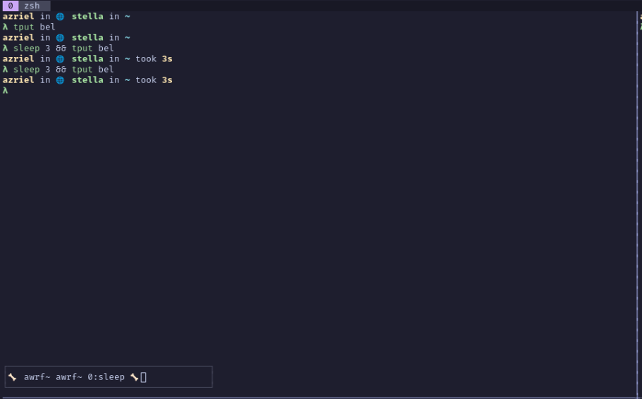 screenshot of a terminal and a popup with the bell message at the bottom left